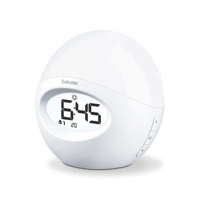 Reloj Despertador con luz de varios colores, cuenta con radio y conexión USB para reproducir música desde el celular Beurer