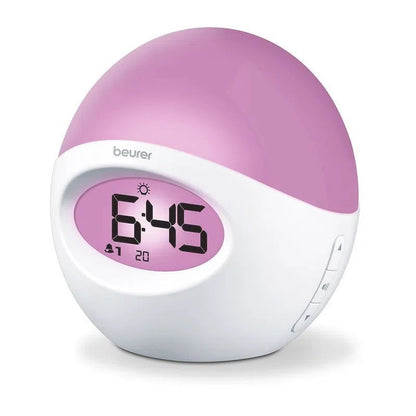 Reloj Despertador con luz de varios colores, cuenta con radio y conexión USB para reproducir música desde el celular Beurer