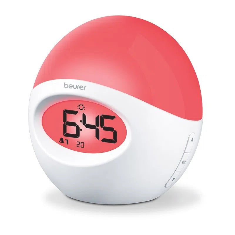 Reloj Despertador con luz de varios colores, cuenta con radio y conexión USB para reproducir música desde el celular Beurer