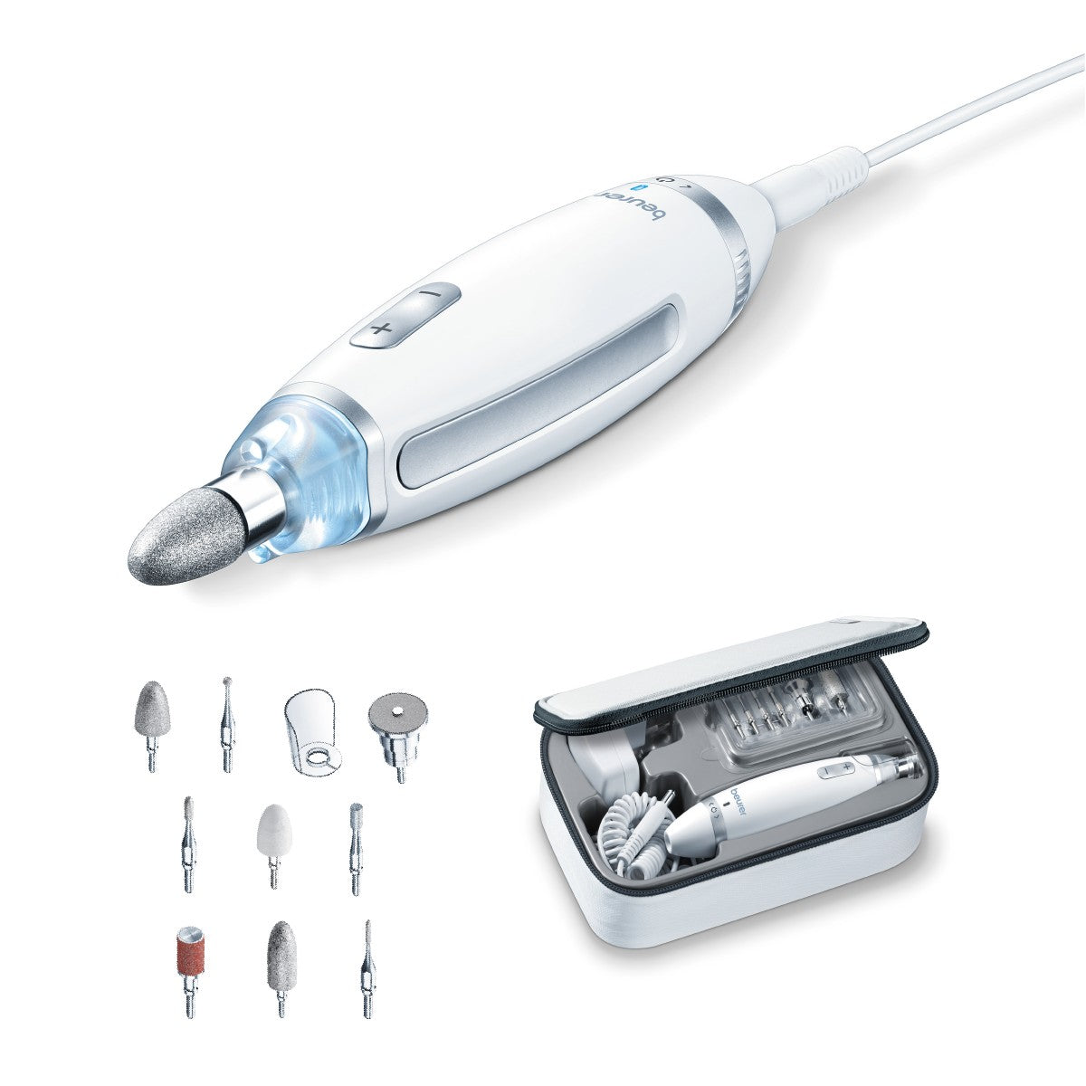 Set de manicura y pedicura profesional recargable con luz LED, incluye 10 accesorios de acero inoxidable y estuche Beurer
