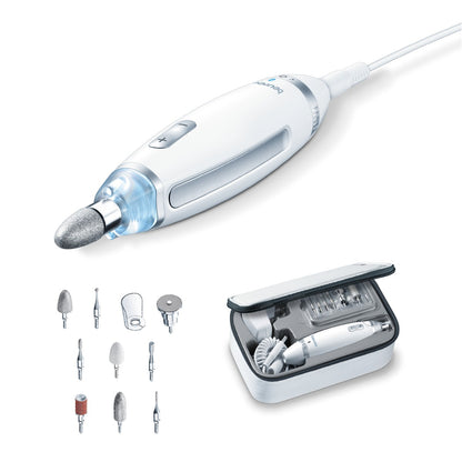 Set de manicura y pedicura profesional recargable con luz LED, incluye 10 accesorios de acero inoxidable y estuche Beurer