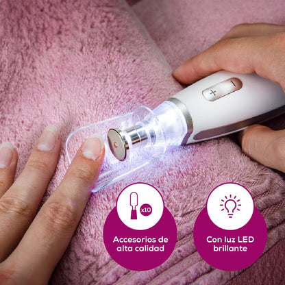 Set de manicura y pedicura profesional recargable con luz LED, incluye 10 accesorios de acero inoxidable y estuche Beurer