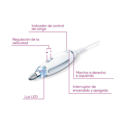 Set de manicura y pedicura profesional recargable con luz LED, incluye 10 accesorios de acero inoxidable y estuche Beurer