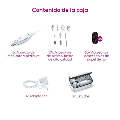 Set de manicura y pedicura profesional recargable con luz LED, incluye 10 accesorios de acero inoxidable y estuche Beurer